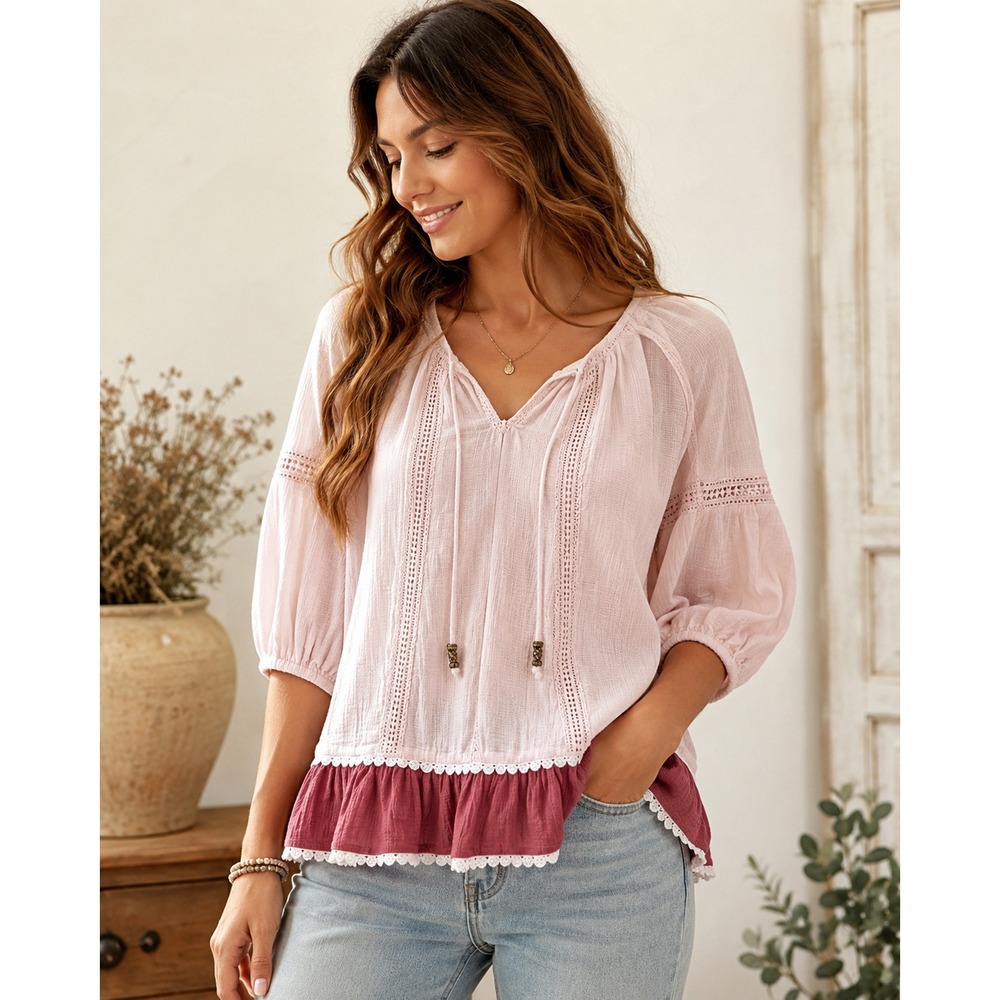 Womens S Cottagecore Peasant Blouse Boho Prairie Lace Ruffle Gauze Top NWT
